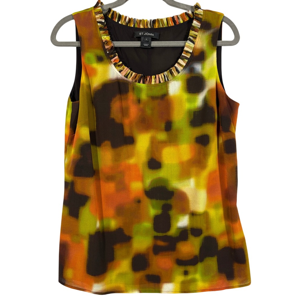 St. John Silk Blend Abstract Print Ruffle Neck Sleeveless Top Petite PF10 GRP3